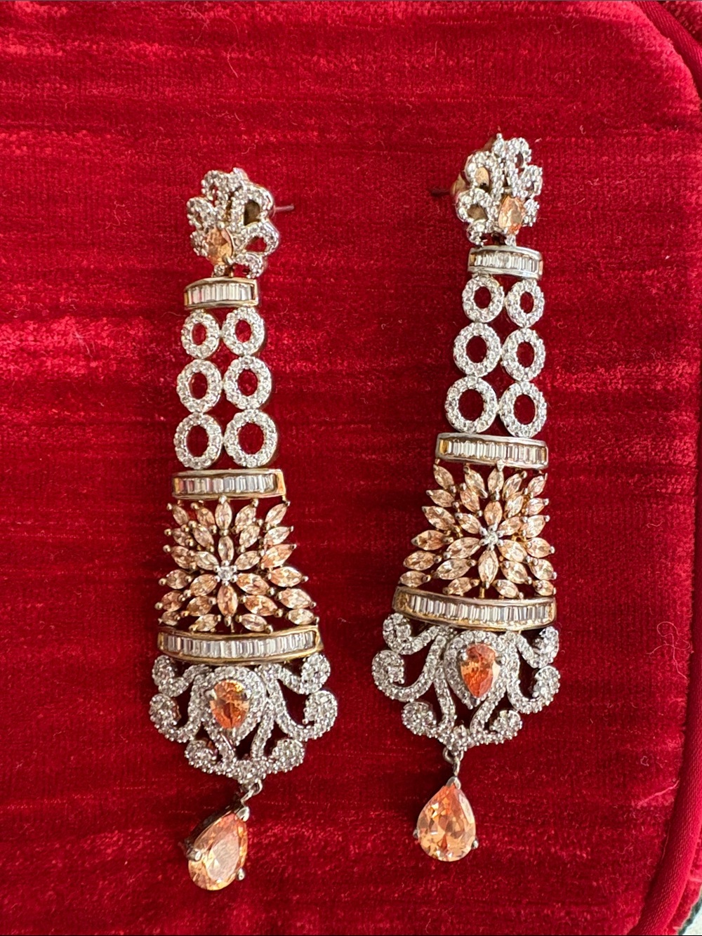 Peach and Silver Crystal Long Drop Earrings for Women